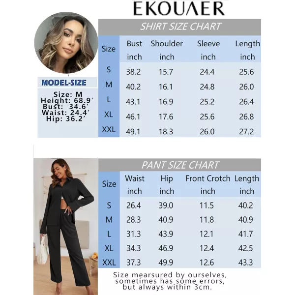 Ekouaer Womens 2 Piece Outfits Long Sleeve Button Down Shirt and Pants Matching Sets Loose Casual Loungewear with PocketsBlack
