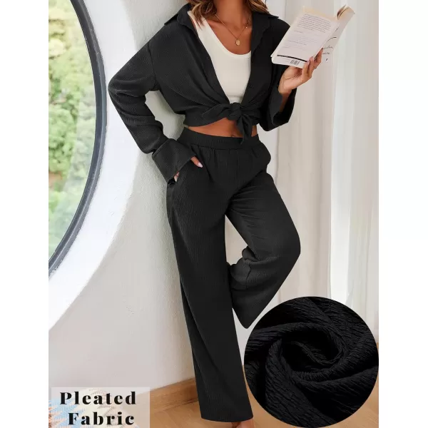 Ekouaer Womens 2 Piece Outfits Long Sleeve Button Down Shirt and Pants Matching Sets Loose Casual Loungewear with PocketsBlack