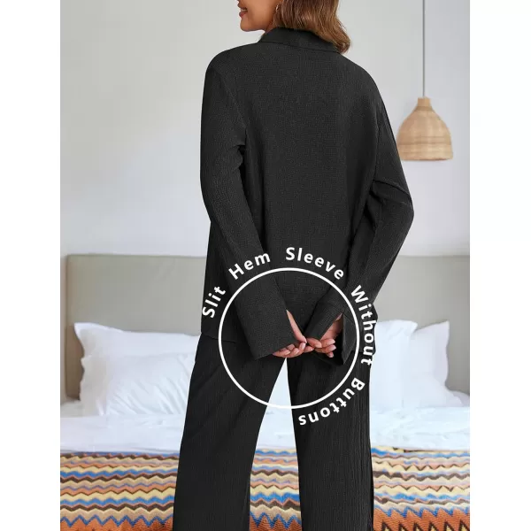 Ekouaer Womens 2 Piece Outfits Long Sleeve Button Down Shirt and Pants Matching Sets Loose Casual Loungewear with PocketsBlack