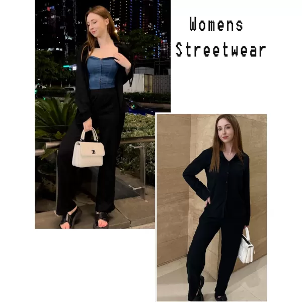 Ekouaer Womens 2 Piece Outfits Long Sleeve Button Down Shirt and Pants Matching Sets Loose Casual Loungewear with PocketsBlack