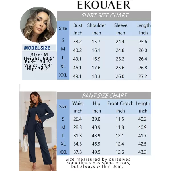 Ekouaer Womens 2 Piece Outfits Long Sleeve Button Down Shirt and Pants Matching Sets Loose Casual Loungewear with PocketsBlack Blue