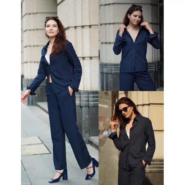 Ekouaer Womens 2 Piece Outfits Long Sleeve Button Down Shirt and Pants Matching Sets Loose Casual Loungewear with PocketsBlack Blue