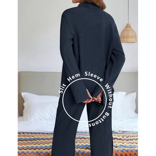 Ekouaer Womens 2 Piece Outfits Long Sleeve Button Down Shirt and Pants Matching Sets Loose Casual Loungewear with PocketsBlack Blue