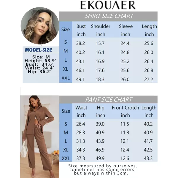 Ekouaer Womens 2 Piece Outfits Long Sleeve Button Down Shirt and Pants Matching Sets Loose Casual Loungewear with PocketsBrown