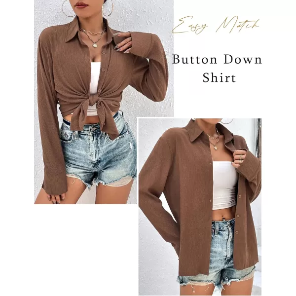 Ekouaer Womens 2 Piece Outfits Long Sleeve Button Down Shirt and Pants Matching Sets Loose Casual Loungewear with PocketsBrown