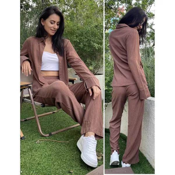 Ekouaer Womens 2 Piece Outfits Long Sleeve Button Down Shirt and Pants Matching Sets Loose Casual Loungewear with PocketsBrown