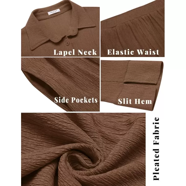 Ekouaer Womens 2 Piece Outfits Long Sleeve Button Down Shirt and Pants Matching Sets Loose Casual Loungewear with PocketsBrown