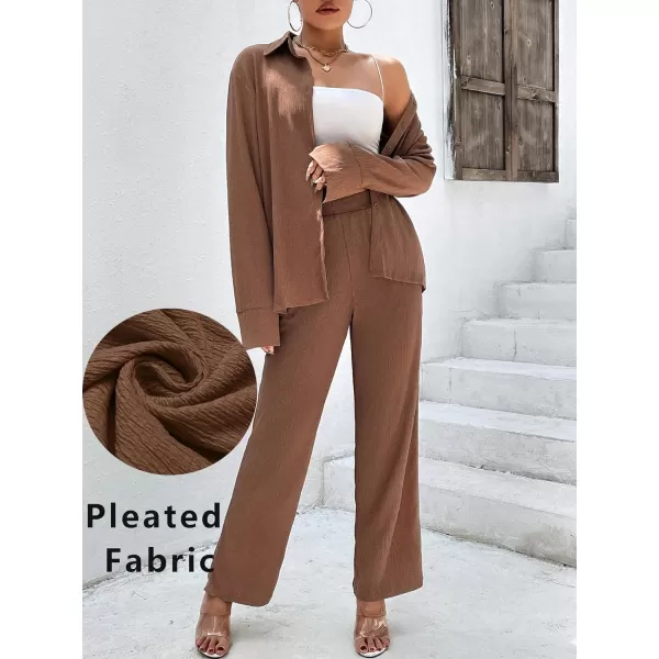 Ekouaer Womens 2 Piece Outfits Long Sleeve Button Down Shirt and Pants Matching Sets Loose Casual Loungewear with PocketsBrown