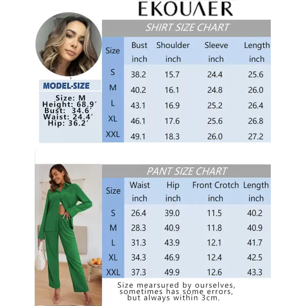 Ekouaer Womens 2 Piece Outfits Long Sleeve Button Down Shirt and Pants Matching Sets Loose Casual Loungewear with PocketsGreen