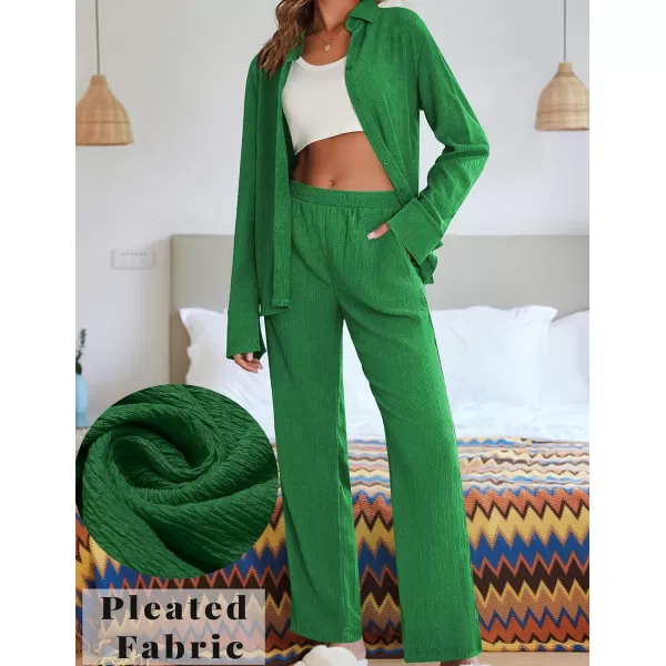 Ekouaer Womens 2 Piece Outfits Long Sleeve Button Down Shirt and Pants Matching Sets Loose Casual Loungewear with PocketsGreen