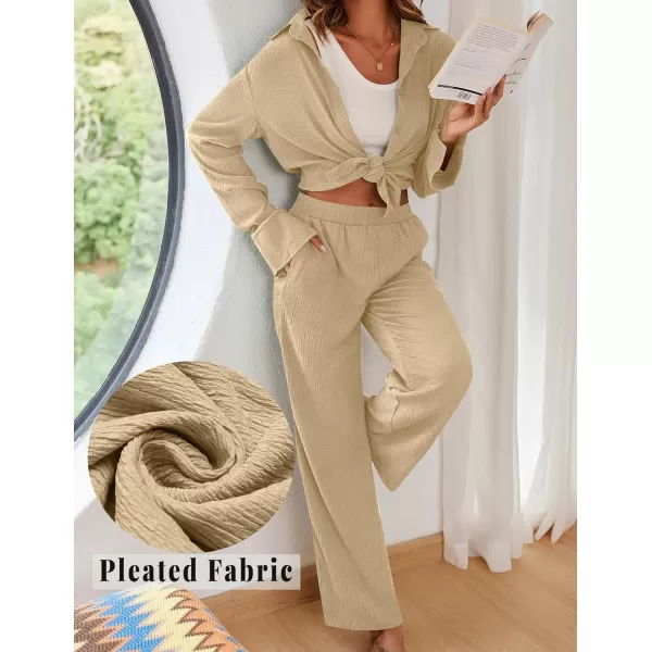 Ekouaer Womens 2 Piece Outfits Long Sleeve Button Down Shirt and Pants Matching Sets Loose Casual Loungewear with PocketsLight Coffee