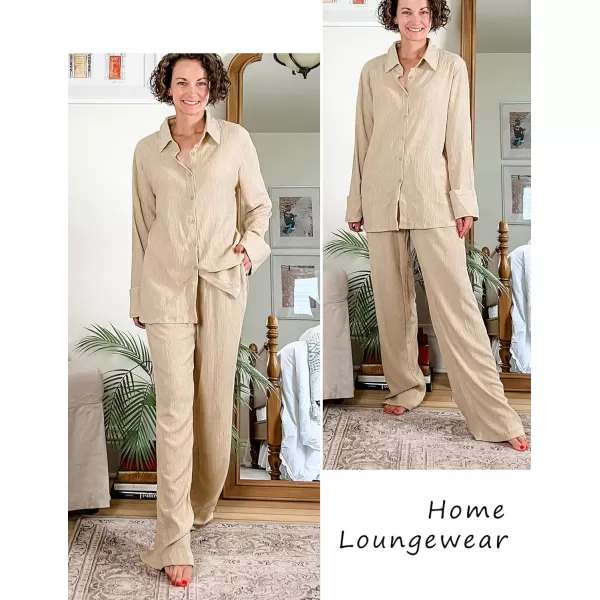 Ekouaer Womens 2 Piece Outfits Long Sleeve Button Down Shirt and Pants Matching Sets Loose Casual Loungewear with PocketsLight Coffee