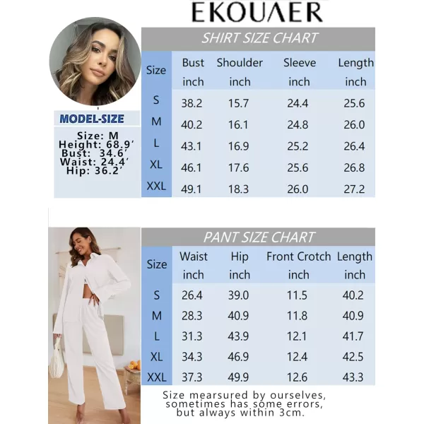 Ekouaer Womens 2 Piece Outfits Long Sleeve Button Down Shirt and Pants Matching Sets Loose Casual Loungewear with PocketsWhite
