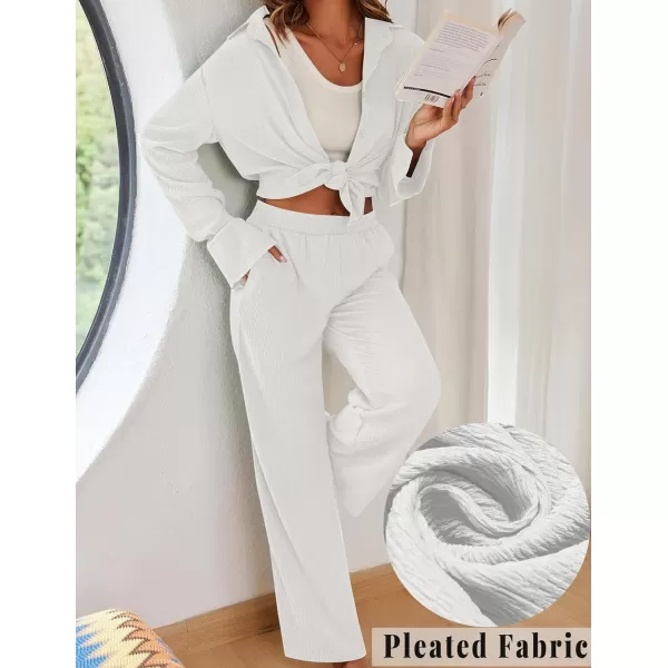 Ekouaer Womens 2 Piece Outfits Long Sleeve Button Down Shirt and Pants Matching Sets Loose Casual Loungewear with PocketsWhite