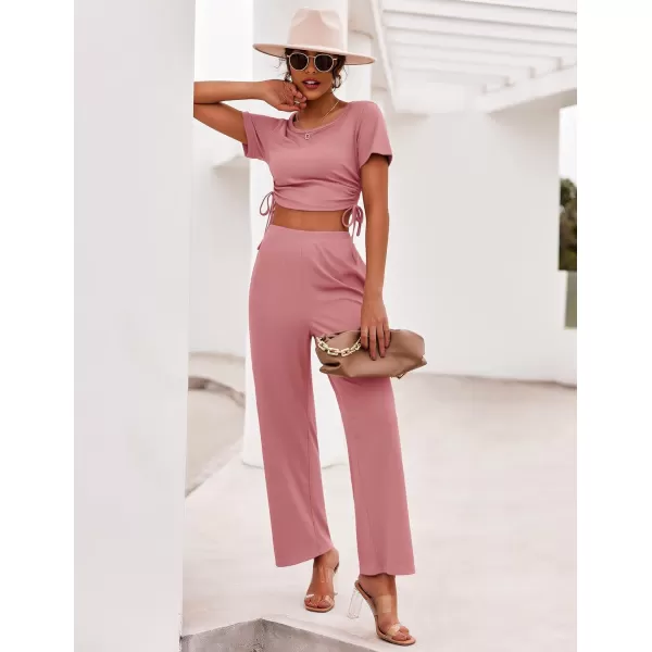 Ekouaer Womens 2 Piece Pajama Set Ribbed Knit Short Sleeve Lounge Set Crop Top Wide Leg Pant Pocket SXXLBdusty Rose