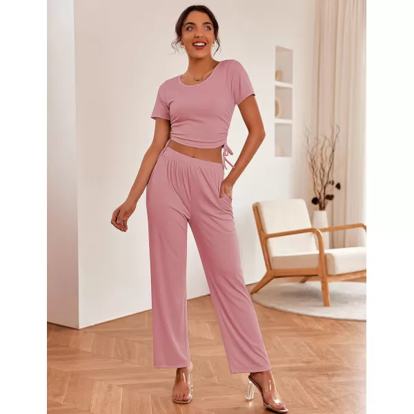 Ekouaer Womens 2 Piece Pajama Set Ribbed Knit Short Sleeve Lounge Set Crop Top Wide Leg Pant Pocket SXXLBdusty Rose