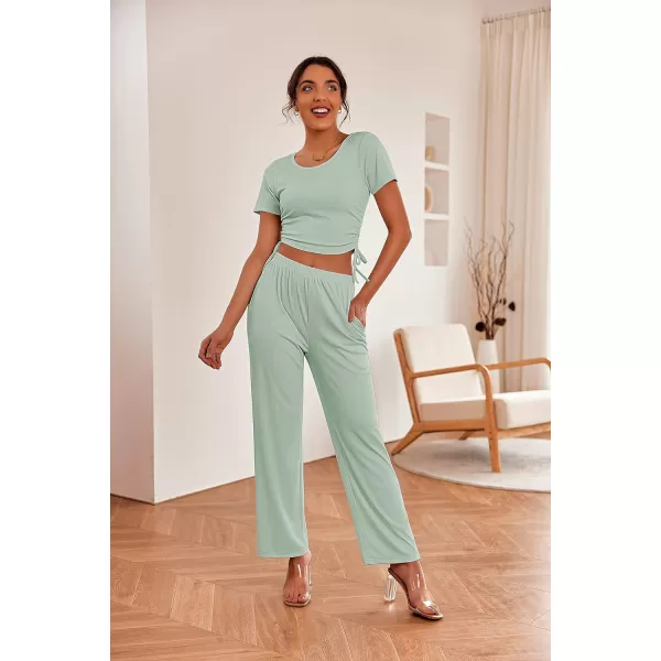 Ekouaer Womens 2 Piece Pajama Set Ribbed Knit Short Sleeve Lounge Set Crop Top Wide Leg Pant Pocket SXXLBlight Green