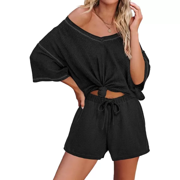 Ekouaer Womens 2 Piece Short Sleeve Waffle Knit Pajama Sets V Neck Off Shoulder Sleepwear Casual Loose Fit Sweatsuit OutfitsBlack