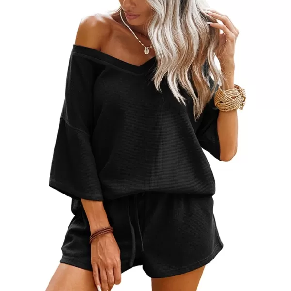 Ekouaer Womens 2 Piece Short Sleeve Waffle Knit Pajama Sets V Neck Off Shoulder Sleepwear Casual Loose Fit Sweatsuit OutfitsBlack