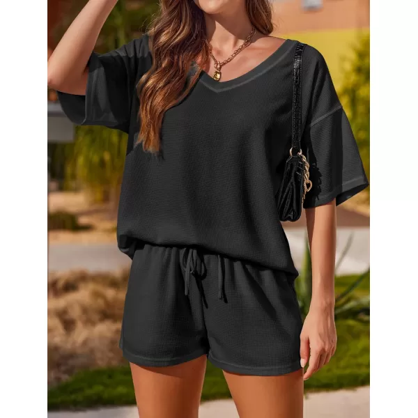 Ekouaer Womens 2 Piece Short Sleeve Waffle Knit Pajama Sets V Neck Off Shoulder Sleepwear Casual Loose Fit Sweatsuit OutfitsBlack