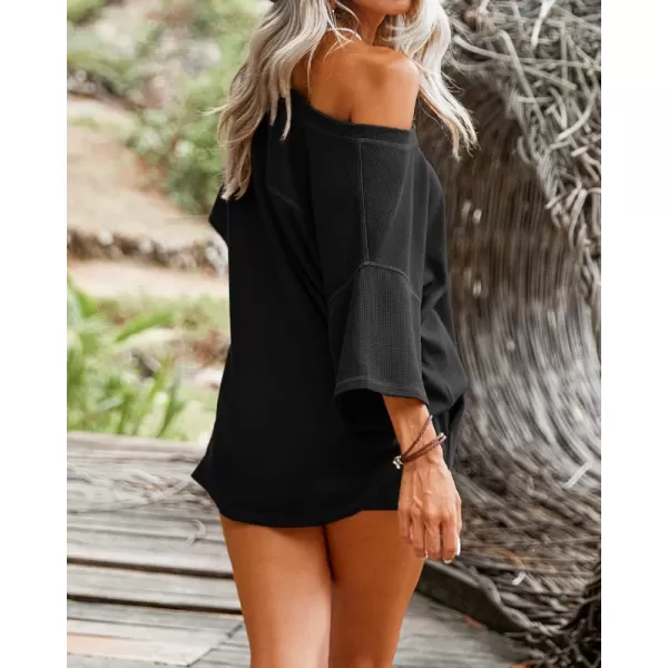 Ekouaer Womens 2 Piece Short Sleeve Waffle Knit Pajama Sets V Neck Off Shoulder Sleepwear Casual Loose Fit Sweatsuit OutfitsBlack
