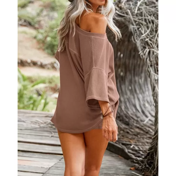 Ekouaer Womens 2 Piece Short Sleeve Waffle Knit Pajama Sets V Neck Off Shoulder Sleepwear Casual Loose Fit Sweatsuit OutfitsBrown