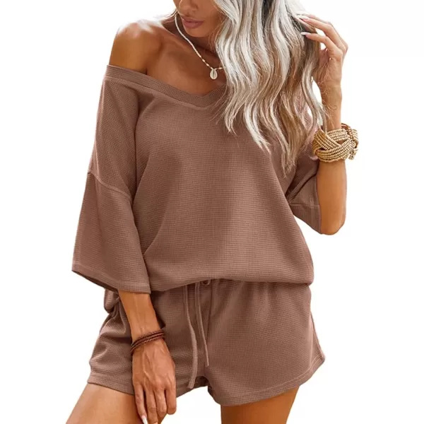 Ekouaer Womens 2 Piece Short Sleeve Waffle Knit Pajama Sets V Neck Off Shoulder Sleepwear Casual Loose Fit Sweatsuit OutfitsBrown