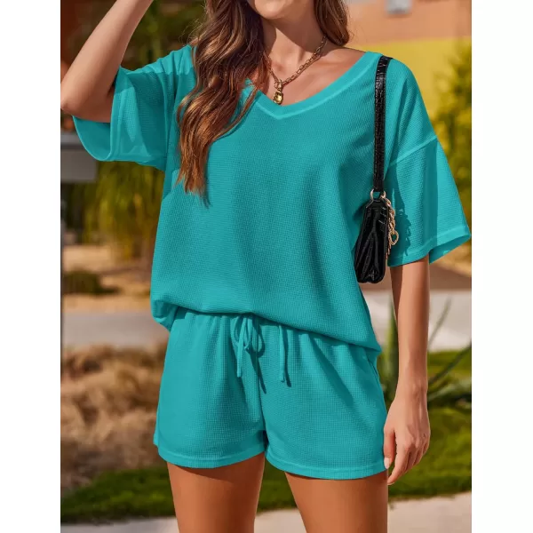 Ekouaer Womens 2 Piece Short Sleeve Waffle Knit Pajama Sets V Neck Off Shoulder Sleepwear Casual Loose Fit Sweatsuit OutfitsGreen