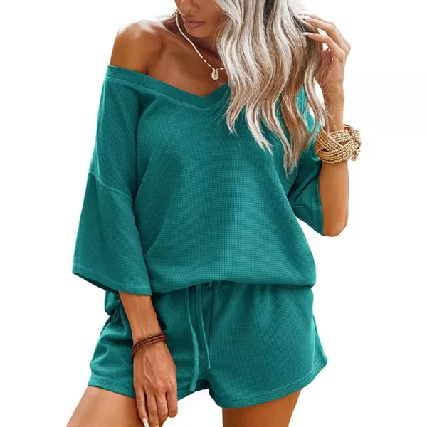 Ekouaer Womens 2 Piece Short Sleeve Waffle Knit Pajama Sets V Neck Off Shoulder Sleepwear Casual Loose Fit Sweatsuit OutfitsGreen