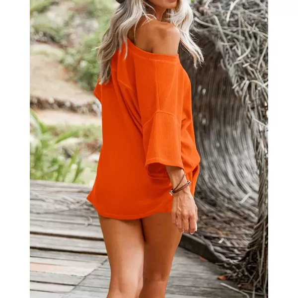 Ekouaer Womens 2 Piece Short Sleeve Waffle Knit Pajama Sets V Neck Off Shoulder Sleepwear Casual Loose Fit Sweatsuit OutfitsOrange