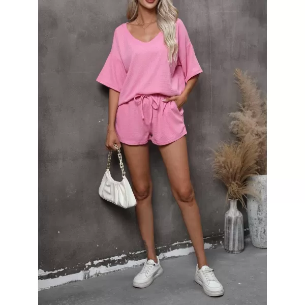 Ekouaer Womens 2 Piece Short Sleeve Waffle Knit Pajama Sets V Neck Off Shoulder Sleepwear Casual Loose Fit Sweatsuit OutfitsPink