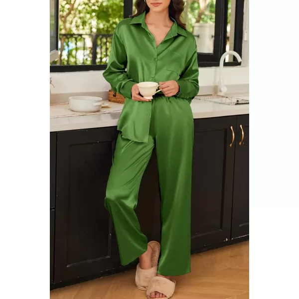 Ekouaer Womens 2 Piece Silk Satin Pajama Set Long Sleeve Lounge Sets Button Down Shirts and Pants PJs Soft Sleepwear SetsArmy Green