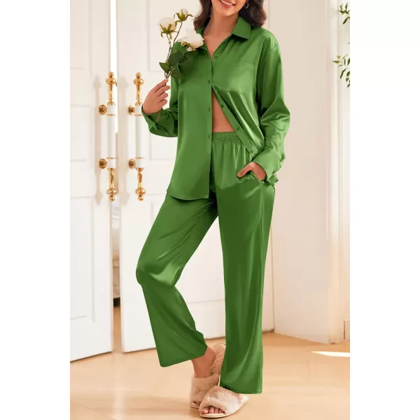 Ekouaer Womens 2 Piece Silk Satin Pajama Set Long Sleeve Lounge Sets Button Down Shirts and Pants PJs Soft Sleepwear SetsArmy Green