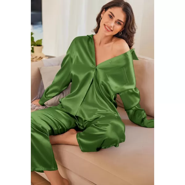 Ekouaer Womens 2 Piece Silk Satin Pajama Set Long Sleeve Lounge Sets Button Down Shirts and Pants PJs Soft Sleepwear SetsArmy Green