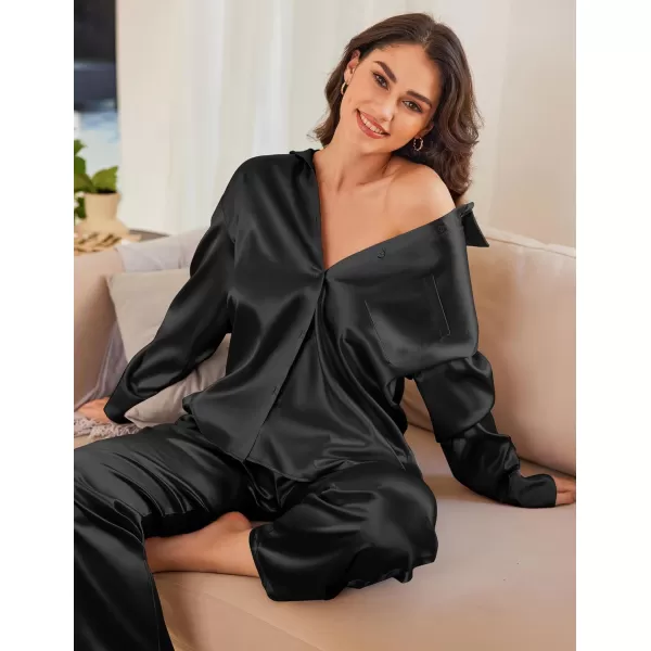 Ekouaer Womens 2 Piece Silk Satin Pajama Set Long Sleeve Lounge Sets Button Down Shirts and Pants PJs Soft Sleepwear SetsBlack