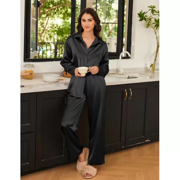 Ekouaer Womens 2 Piece Silk Satin Pajama Set Long Sleeve Lounge Sets Button Down Shirts and Pants PJs Soft Sleepwear SetsBlack