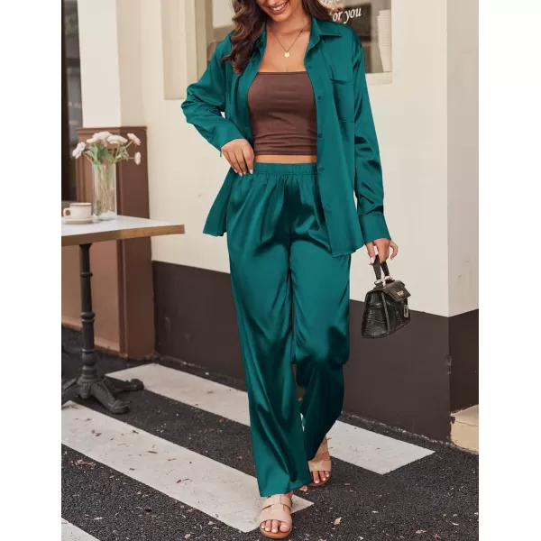 Ekouaer Womens 2 Piece Silk Satin Pajama Set Long Sleeve Lounge Sets Button Down Shirts and Pants PJs Soft Sleepwear SetsBlue Green