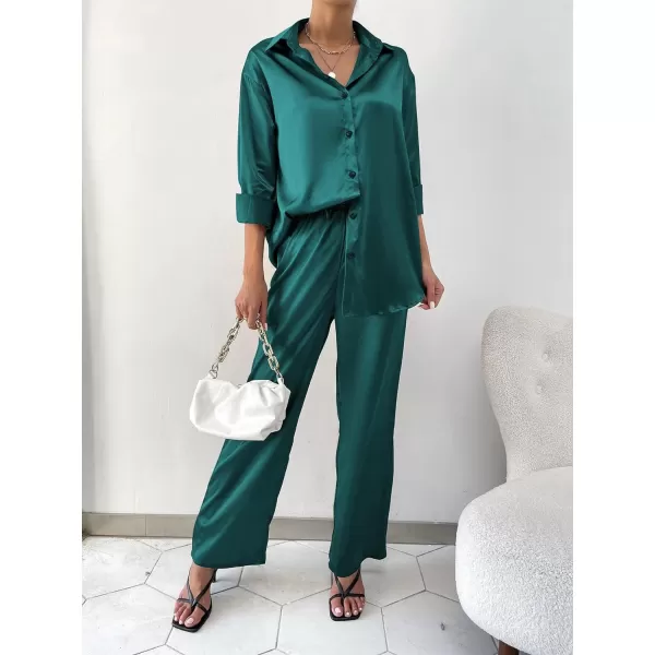 Ekouaer Womens 2 Piece Silk Satin Pajama Set Long Sleeve Lounge Sets Button Down Shirts and Pants PJs Soft Sleepwear SetsBlue Green