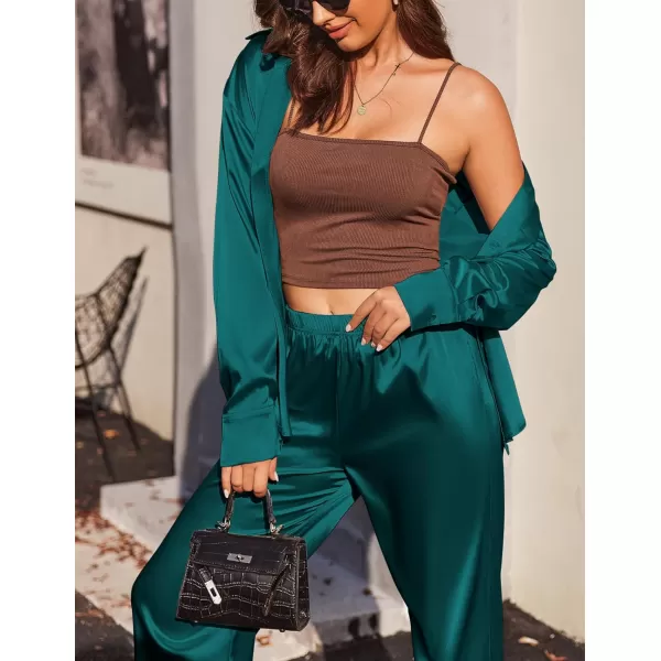 Ekouaer Womens 2 Piece Silk Satin Pajama Set Long Sleeve Lounge Sets Button Down Shirts and Pants PJs Soft Sleepwear SetsBlue Green