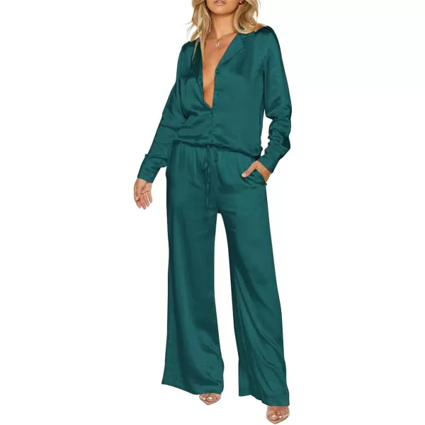 Ekouaer Womens 2 Piece Silk Satin Pajama Set Long Sleeve Lounge Sets Button Down Shirts and Pants PJs Soft Sleepwear SetsBlue Green