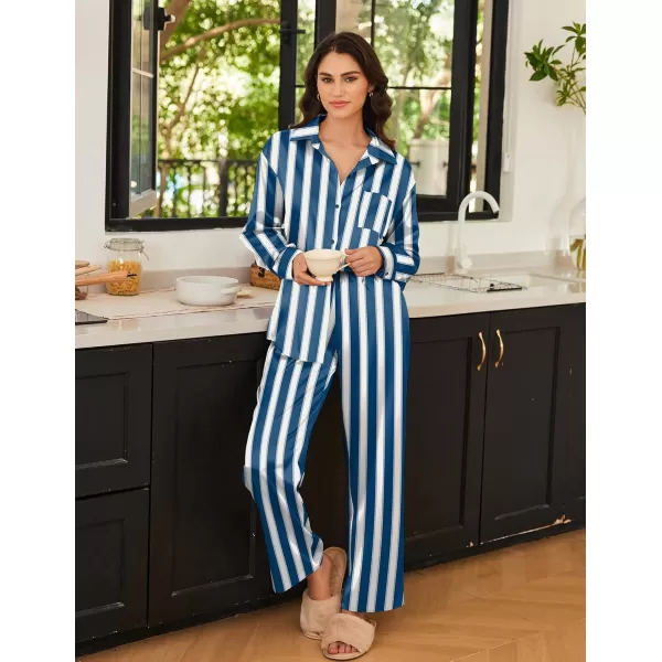 Ekouaer Womens 2 Piece Silk Satin Pajama Set Long Sleeve Lounge Sets Button Down Shirts and Pants PJs Soft Sleepwear SetsBlue White Stripes