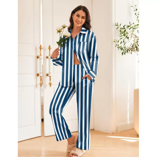 Ekouaer Womens 2 Piece Silk Satin Pajama Set Long Sleeve Lounge Sets Button Down Shirts and Pants PJs Soft Sleepwear SetsBlue White Stripes