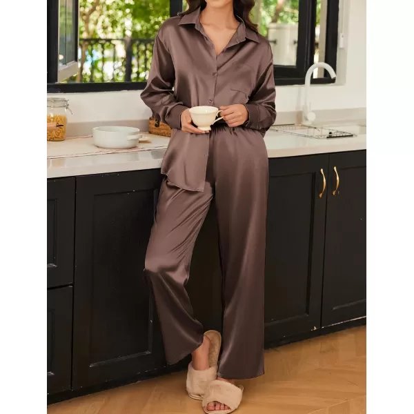 Ekouaer Womens 2 Piece Silk Satin Pajama Set Long Sleeve Lounge Sets Button Down Shirts and Pants PJs Soft Sleepwear SetsBrown