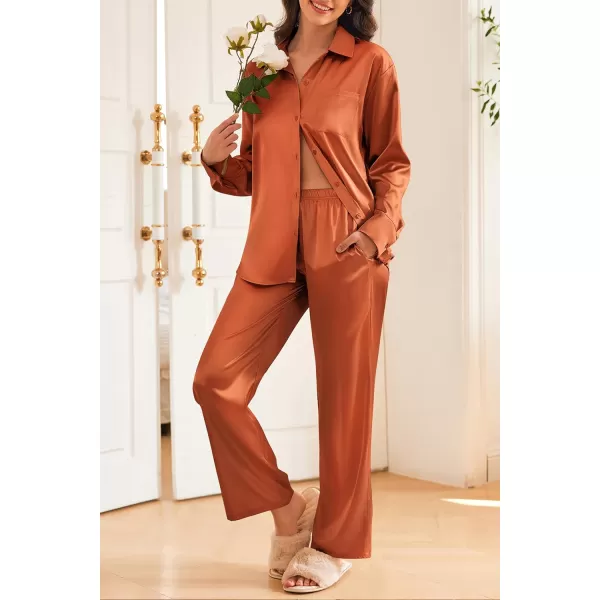 Ekouaer Womens 2 Piece Silk Satin Pajama Set Long Sleeve Lounge Sets Button Down Shirts and Pants PJs Soft Sleepwear SetsCaramel