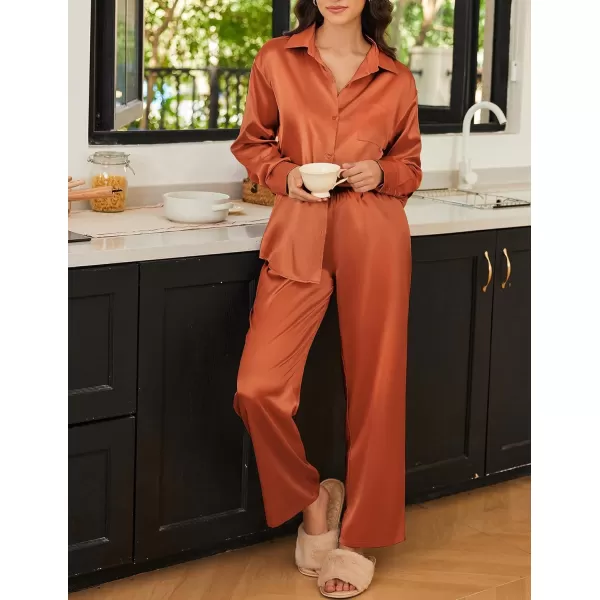 Ekouaer Womens 2 Piece Silk Satin Pajama Set Long Sleeve Lounge Sets Button Down Shirts and Pants PJs Soft Sleepwear SetsCaramel