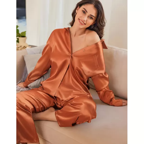 Ekouaer Womens 2 Piece Silk Satin Pajama Set Long Sleeve Lounge Sets Button Down Shirts and Pants PJs Soft Sleepwear SetsCaramel