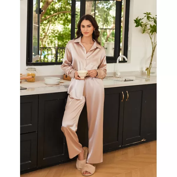 Ekouaer Womens 2 Piece Silk Satin Pajama Set Long Sleeve Lounge Sets Button Down Shirts and Pants PJs Soft Sleepwear SetsChampagne