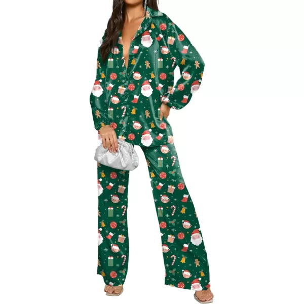 Ekouaer Womens 2 Piece Silk Satin Pajama Set Long Sleeve Lounge Sets Button Down Shirts and Pants PJs Soft Sleepwear SetsChristmasgreen Snowman