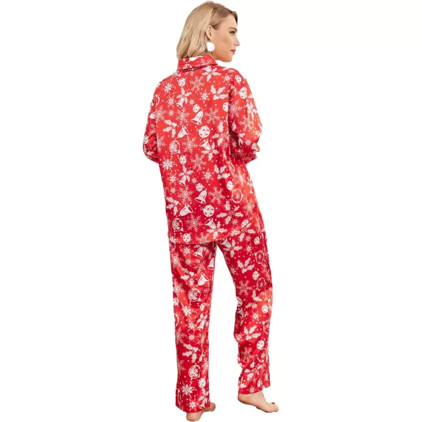 Ekouaer Womens 2 Piece Silk Satin Pajama Set Long Sleeve Lounge Sets Button Down Shirts and Pants PJs Soft Sleepwear SetsChristmasred Bell