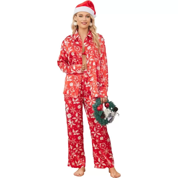 Ekouaer Womens 2 Piece Silk Satin Pajama Set Long Sleeve Lounge Sets Button Down Shirts and Pants PJs Soft Sleepwear SetsChristmasred Bell